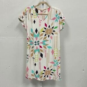 White Stuff Aztec Geometric Starburst V-Neck Shift Mini Dress Multi Sz 8 Boho